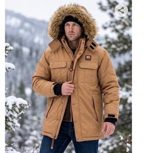 Canada Workwear Mens Brown Ripstop Winter Parka Faux Fur Hood Size Large